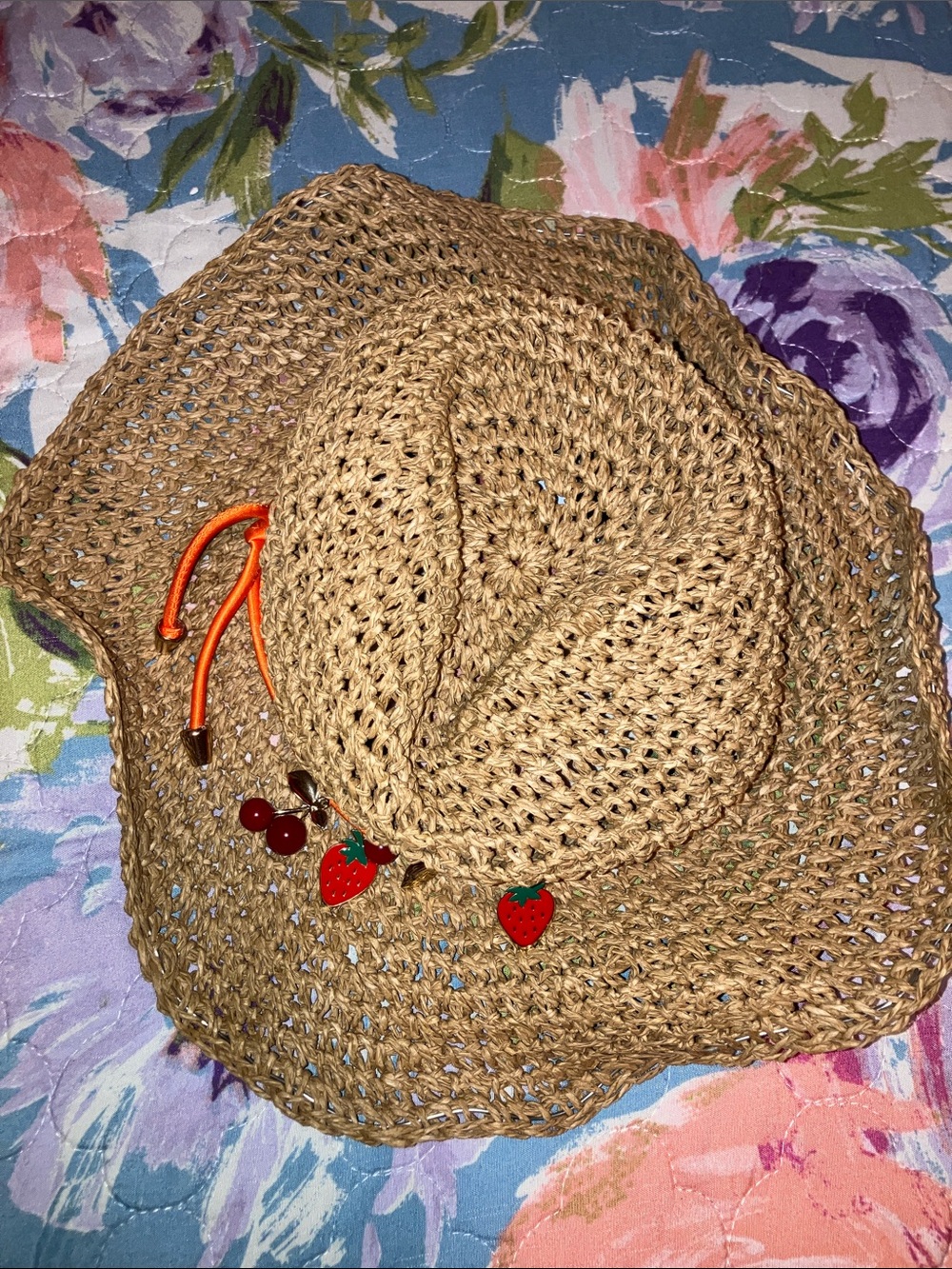 Steve Madden Natural Straw Sun Hat with Red Fruit Charms